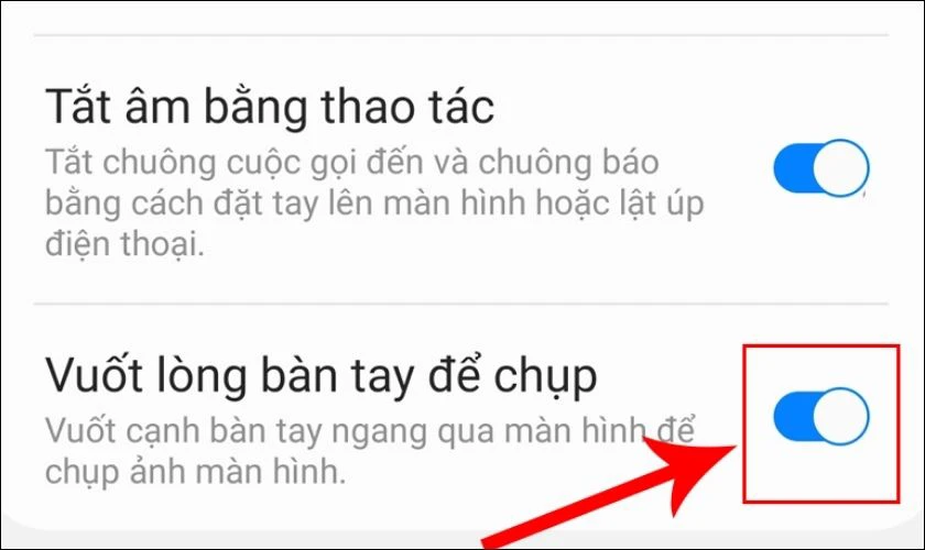Kế đến bạn hãy, gạt công tắc bật tính năng Vuốt lòng bàn tay để chụp