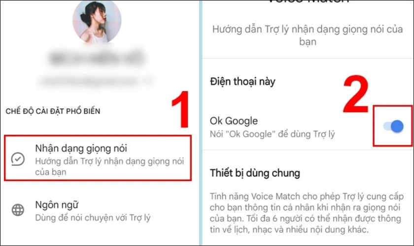 Truy cập vào Nhận dạng giọng nói, sau đó bật tùy chọn OK Google