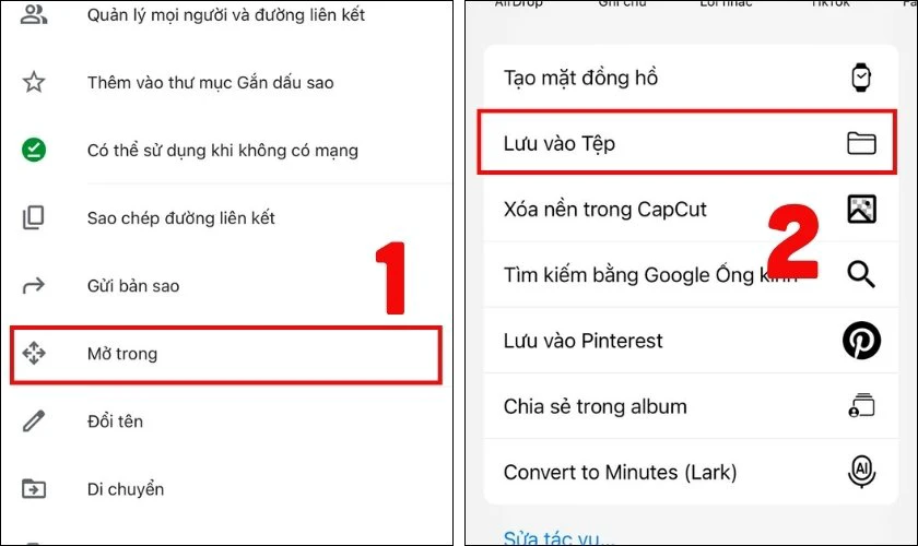 Tìm chọn mục Mở trong và nhấn Lưu vào tệp để tải về máy