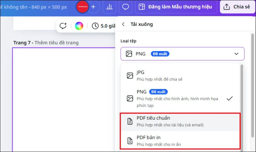 Ở phần Loại tệp, bạn hãy nhấn chọn PDF chuẩn hoặc bạn cũng có thể chọn PDF để in