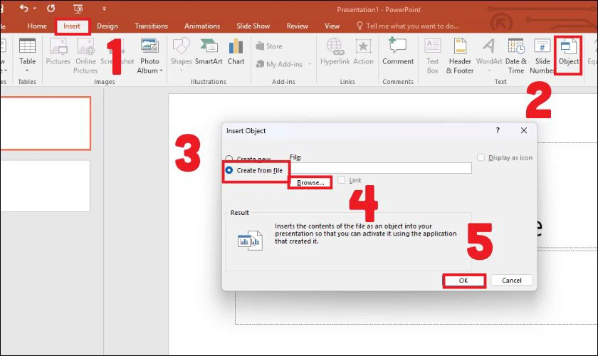 Bạn chọn Create from file và nhấn Browse để tìm đến tệp PDF mà bạn vừa tải và nhấn OK