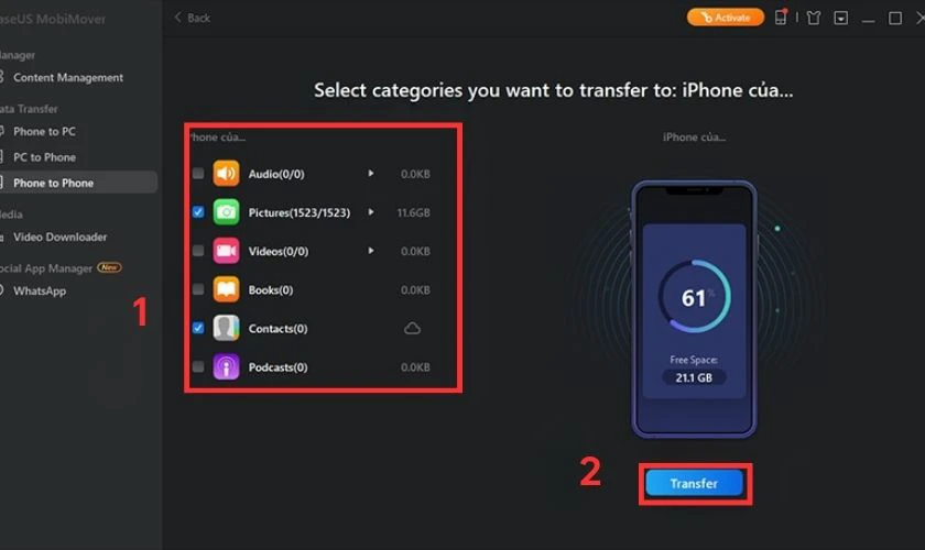 Nhấn nút Transfer để bắt đầu quá trình chuyển