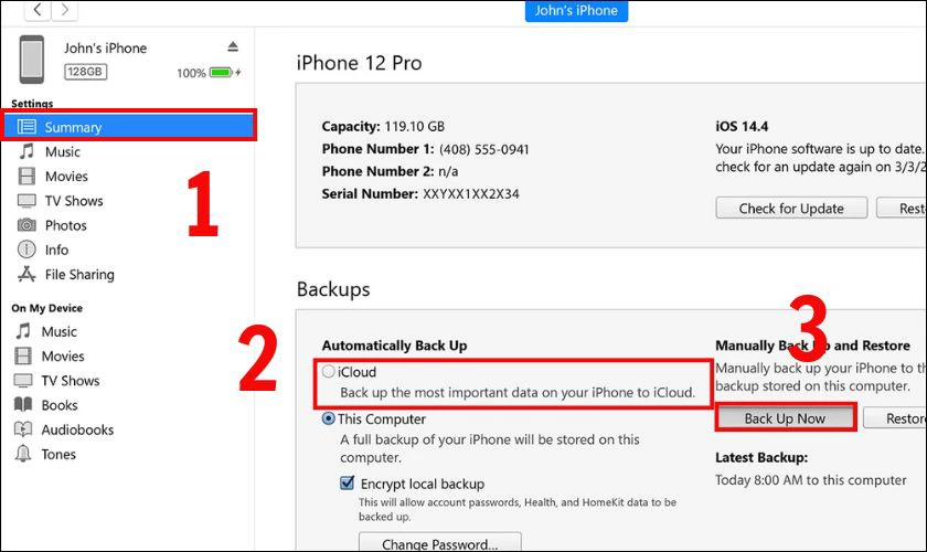 Nhấn vào tab Summary, chọn vị trí sao lưu dữ liệu là iCloud và nhấn vào Back up now