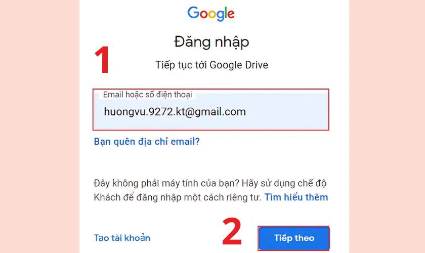 Truy cập Google Drive và đăng nhập tài khoản của bạn
