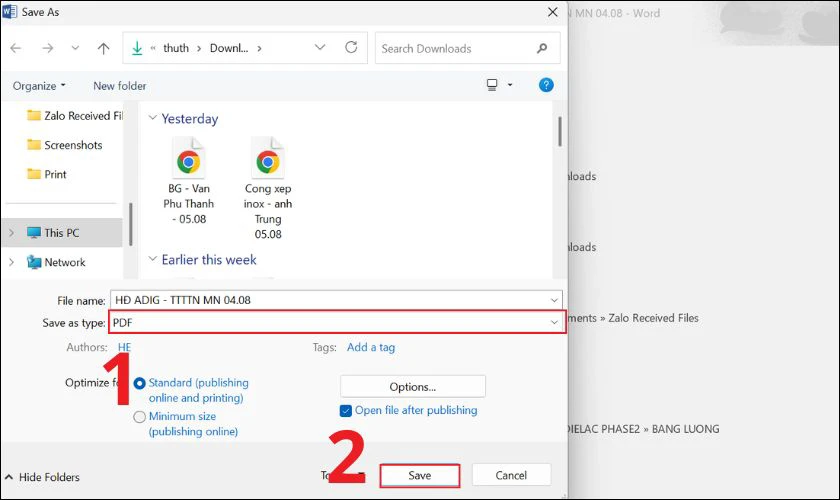 Chọn ổ đĩa mà bạn muốn lưu file và chọn định dạng PDF