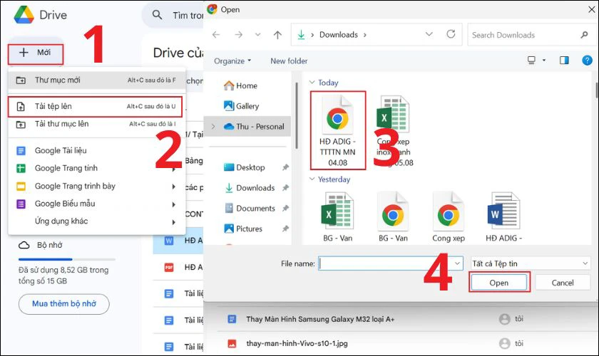Mở Google Drive, sau đó nhấn Mới và chọn Tải tệp lên