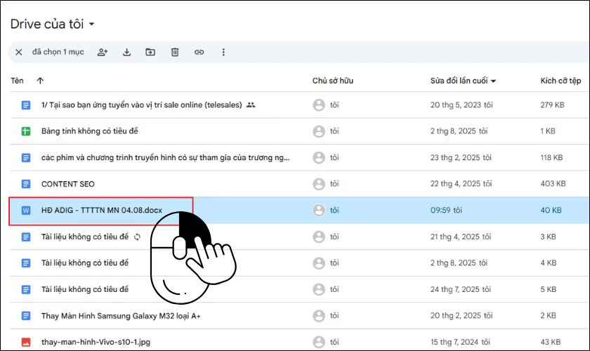 Tìm và nhấp chuột phải vào tệp Word trong Google Drive