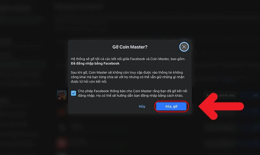 Xác nhận Xóa, gỡ để hoàn tất việc đăng xuất khỏi tài khoản game