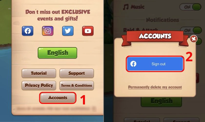 Trong phần Tài khoản (Accounts), bạn chọn Đăng xuất (Sign out)