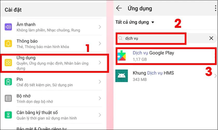 Tìm kiếm và chọn Dịch vụ Google Play