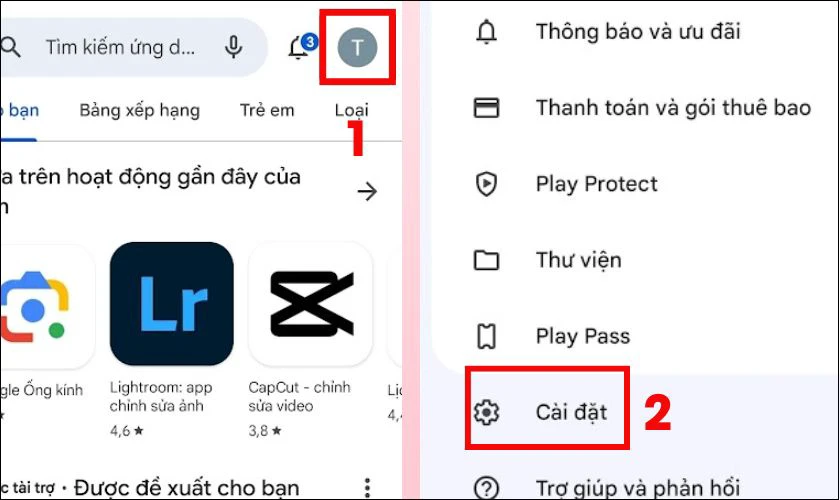 Vào cửa hàng CH Play, nhấn vào biểu tượng Hồ sơ và chọn phần Cài đặt