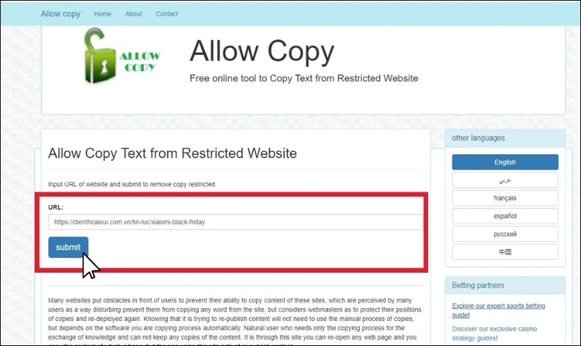 Copy và dán link website cần copy và nhấn submit