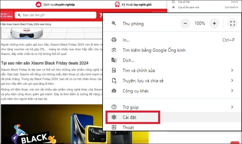 Chọn mục Cài đặt từ trình duyệt Chrome