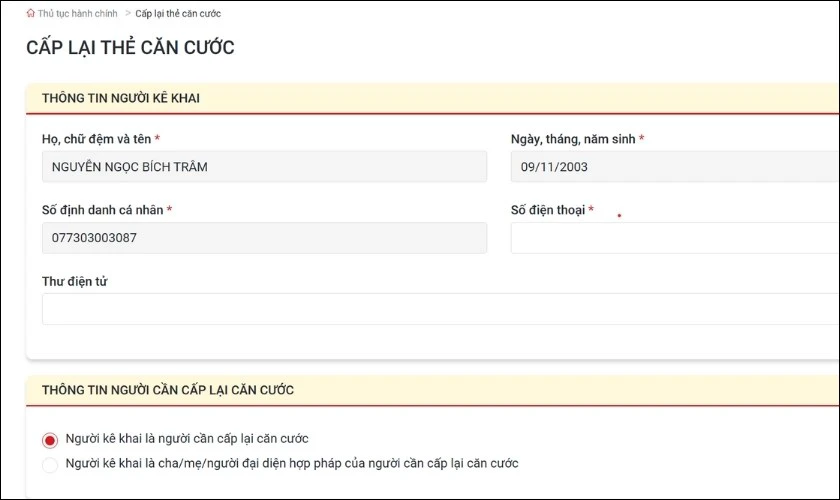 Hoàn thiện tờ khai cấp lại thẻ Căn cước