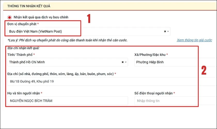 Nhận kết quả qua dịch vụ bưu chính