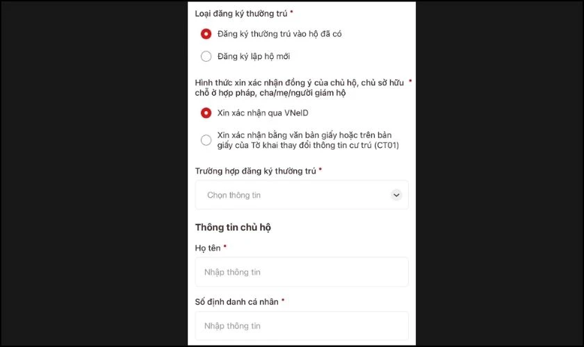 Khai báo đầy đủ các thông tin theo yêu cầu của ứng dụng