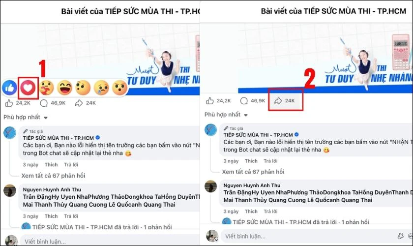 Thả tim và chia sẻ bài viết công khai