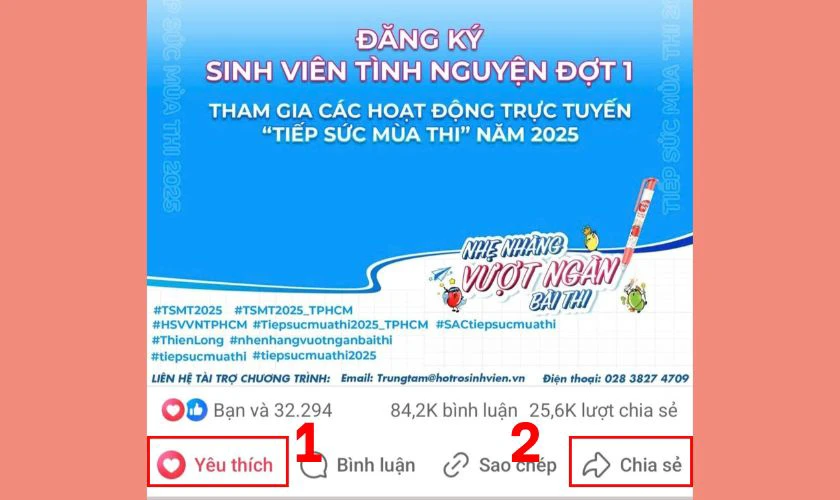 Nhấn Thích, Yêu thích hoặc Thả tim cho bài đăng