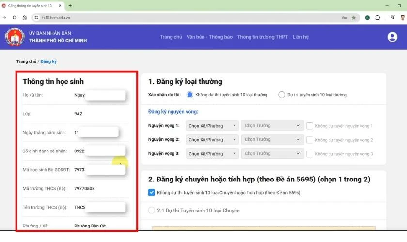 Cách đăng ký nguyện vọng trên ts10.hcm.edu.vn - Bước 1