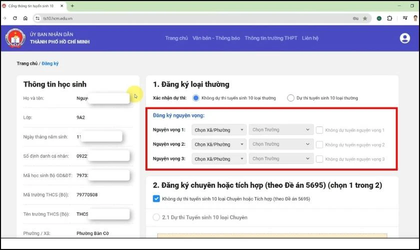 Cách đăng ký nguyện vọng trên ts10.hcm.edu.vn - Bước 2