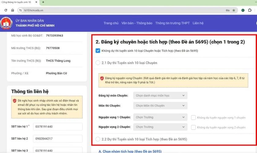 Cách đăng ký vào lớp 10 chuyên, tích hợp trên ts10.hcm.edu.vn