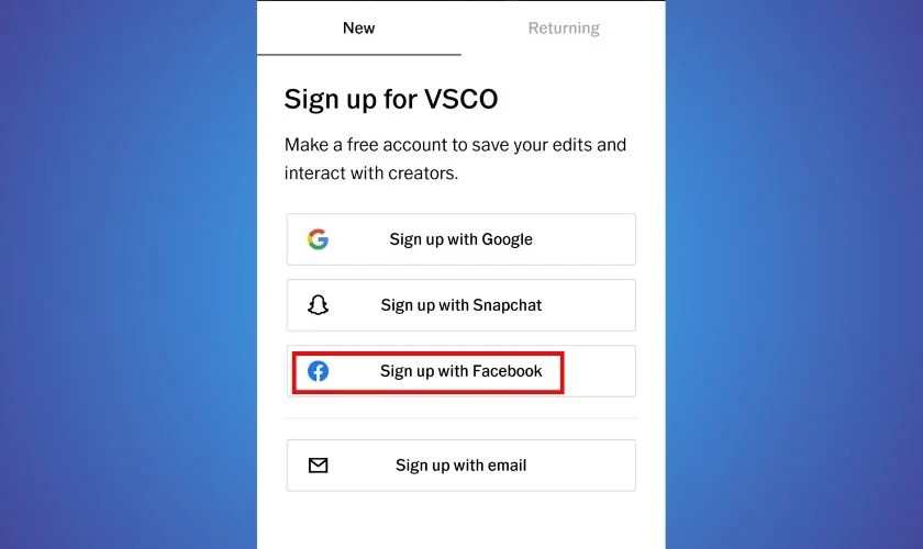 Cách đăng nhập vào VSCO bằng Facebook