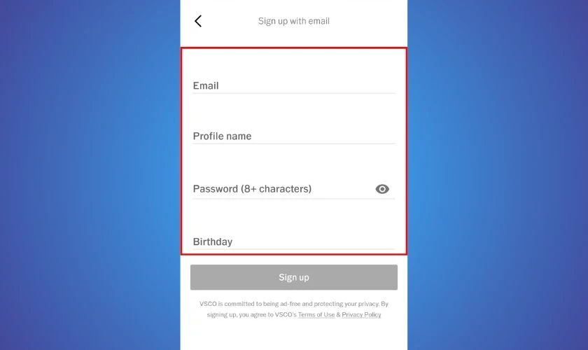 Điền các thông tin cá nhân như email, profile name,...