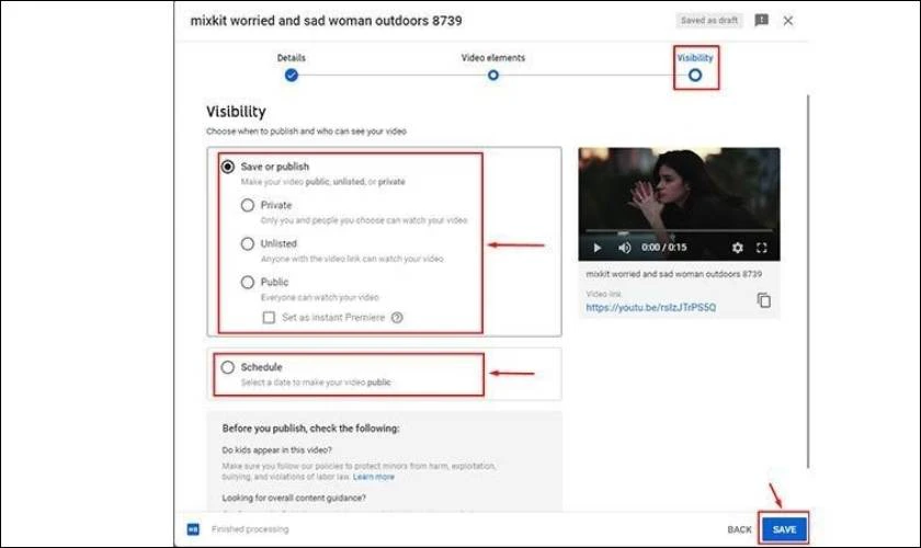 Chọn Visibility để đặt video là công khai, không công khai hoặc riêng tư