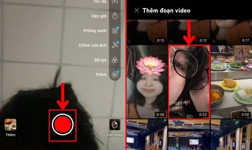 Nhấn vào nút quay màu đỏ để quay video hoặc chọn video có sẵn từ thư viện