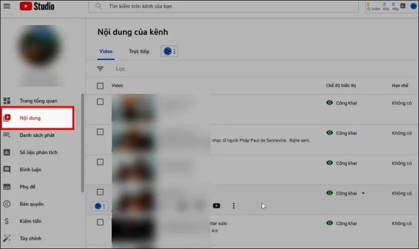 Trên giao diện chính của YouTube Studio, chọn mục Video (Nội dung) ở thanh bên trái