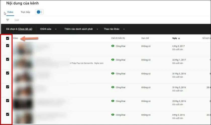 Danh sách các video sẽ xuất hiện, bạn có thể tick vào video muốn xóa