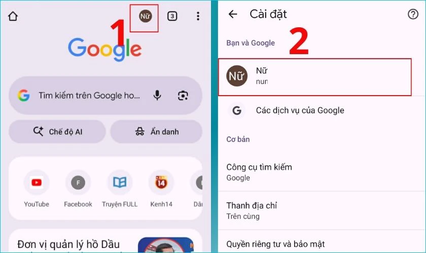 Nhấn vào ảnh đại diện hoặc tên tài khoản Google để truy cập vào phần Cài đặt
