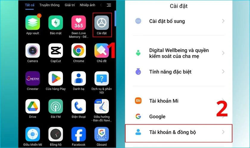 Mở ứng dụng Cài đặt trên điện thoại, chọn mục Tài khoản & đồng bộ
