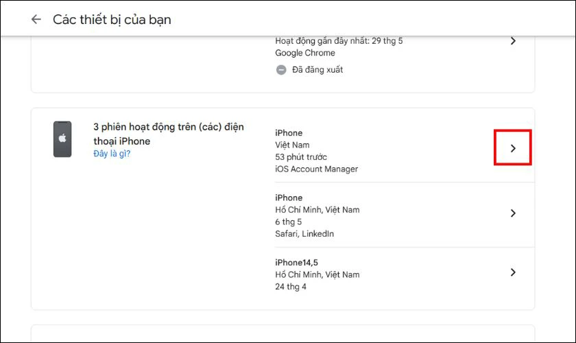 Google sẽ hiển thị danh sách các thiết bị hiện đang hoặc đã từng đăng nhập