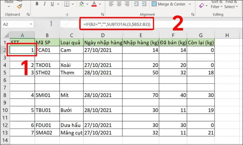 Cách đánh số thứ tự trong Excel bằng hàm SUBTOTAL và IF