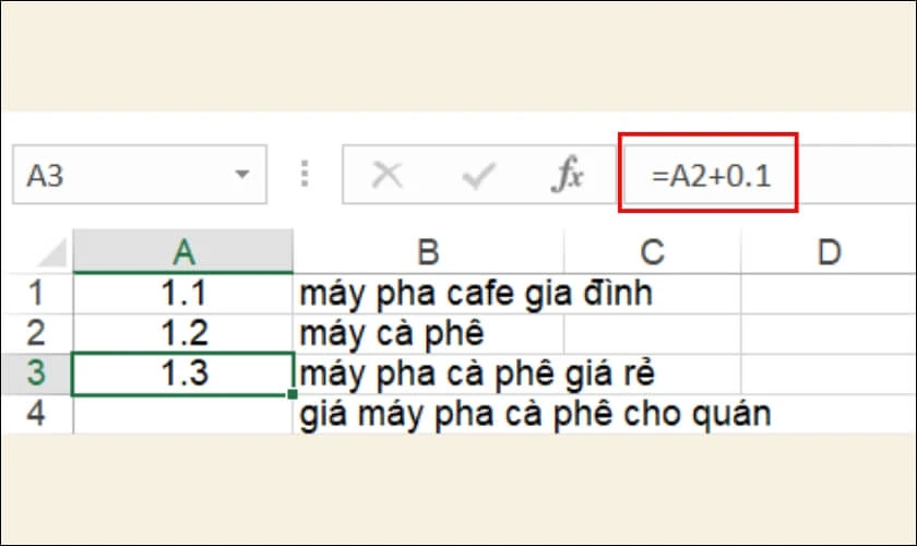 Cách đánh số thứ tự 1.1 1.2 trong Excel