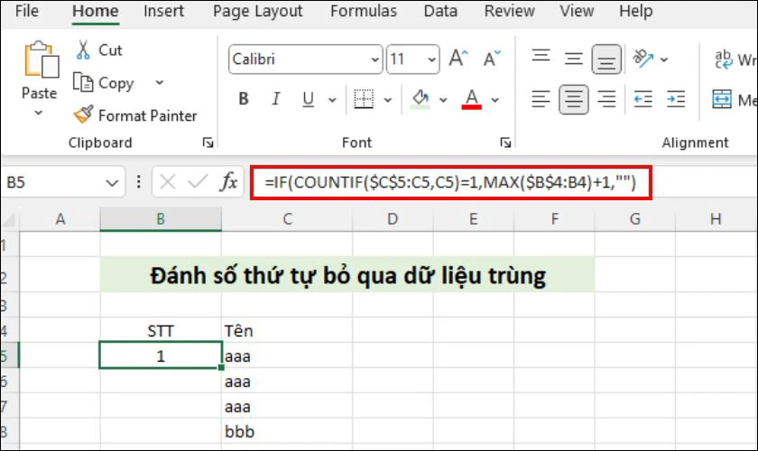 Cách đánh số thứ tự bỏ qua dữ liệu trùng trong Excel