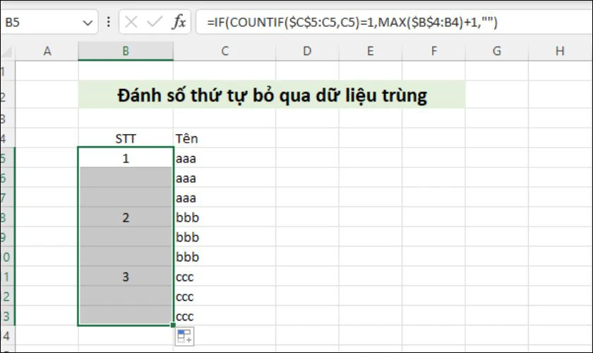 Giá trị trùng sẽ không hiện số thứ tự