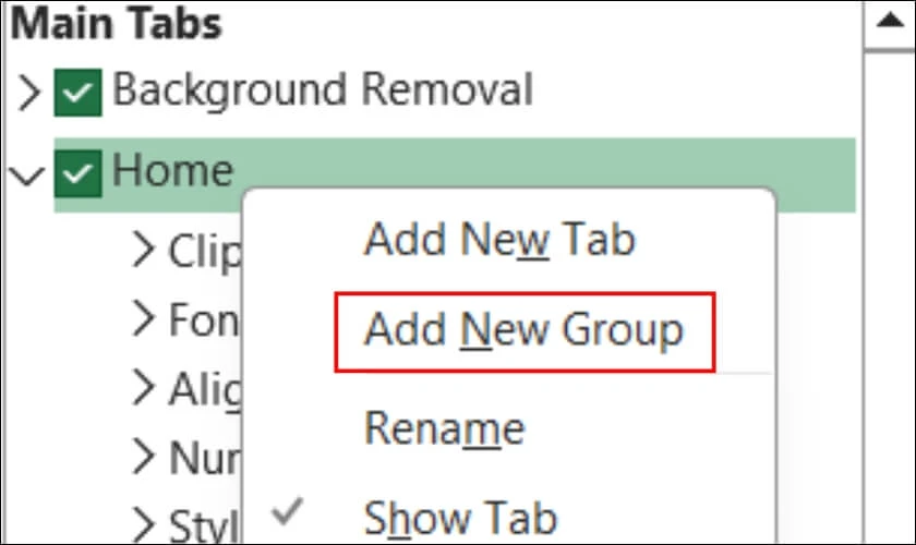 Click chuột phải vào Home, chọn Add New Group