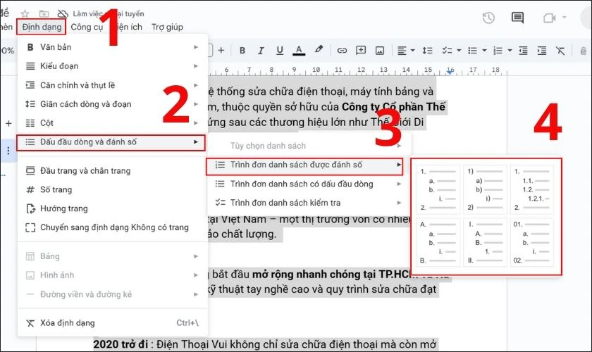 Hướng dẫn cách đánh số thứ tự trong Google Docs trong Format