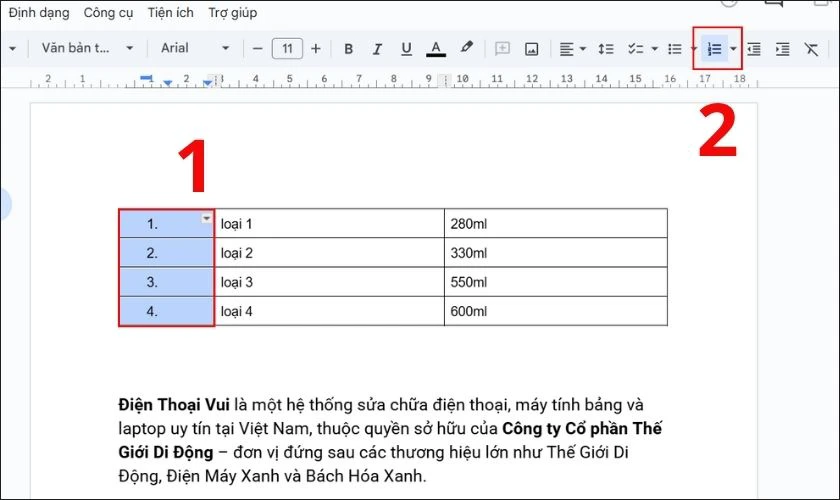 Cách xóa số thứ tự trong Google Docs bằng thanh công cụ