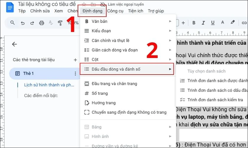Vào menu Format (Định dạng), sau đó chọn Dấu đầu dòng và đánh số