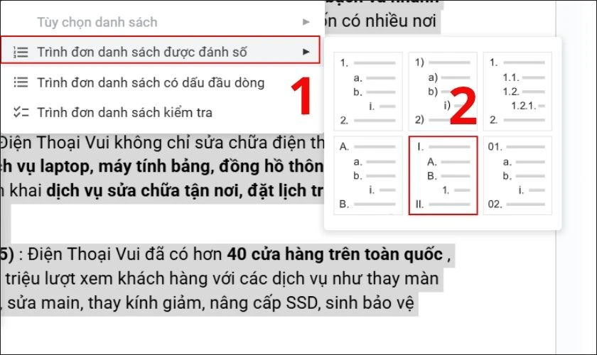 Cách xóa số thứ tự trong Google Docs bằng menu Format
