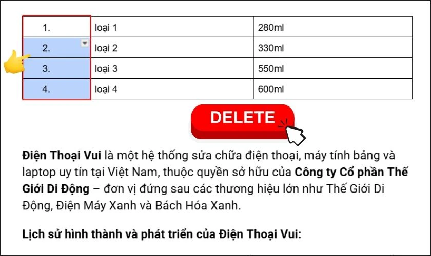 Xóa số thứ tự trong bảng