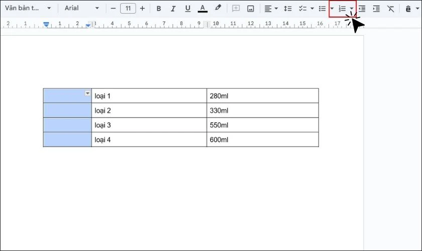 Cách đánh số thứ tự trong Google Docs trên thanh công cụ