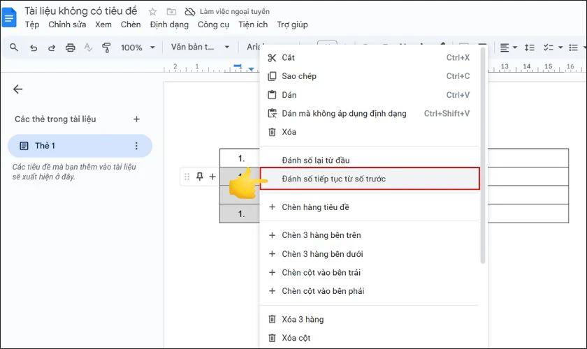 Nhấn chuột phải, chọn Continue previous numbering