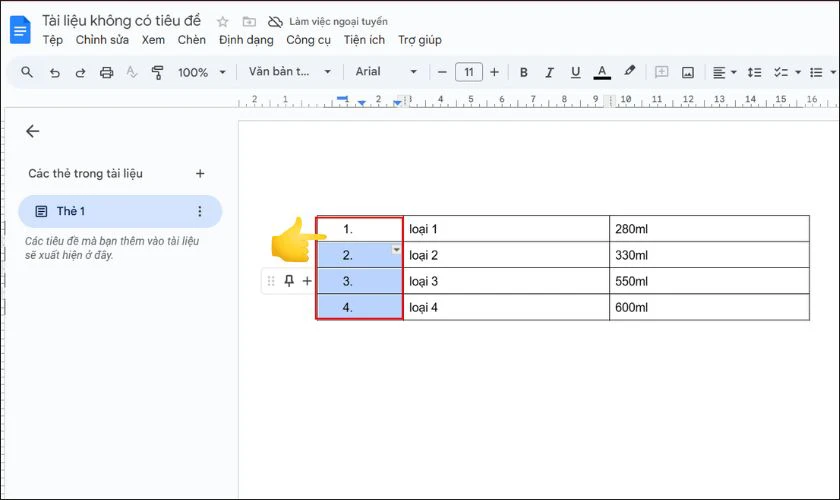 Hoàn thành đánh số thứ tự tự động trong bảng Google Docs