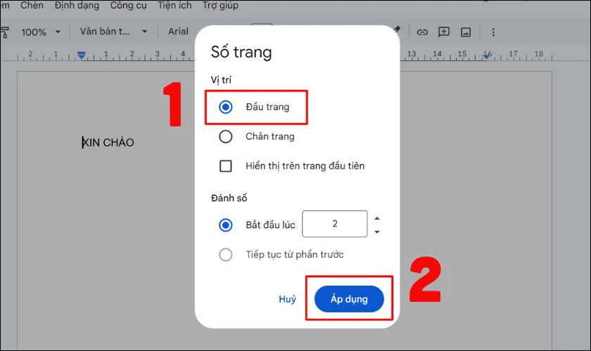 Bạn chọn vị trí hiển thị số trang