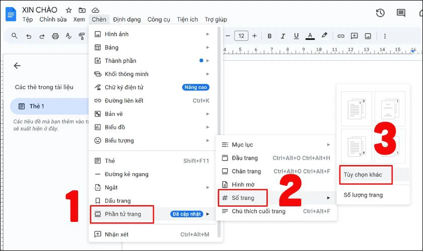 Chọn “Số trang” và chọn “Tùy chọn khác”