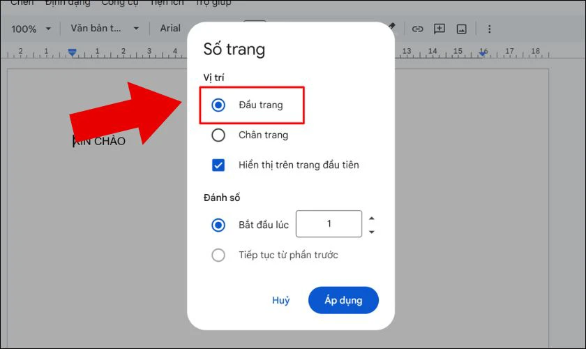 Chọn vị trí hiển thị số trang